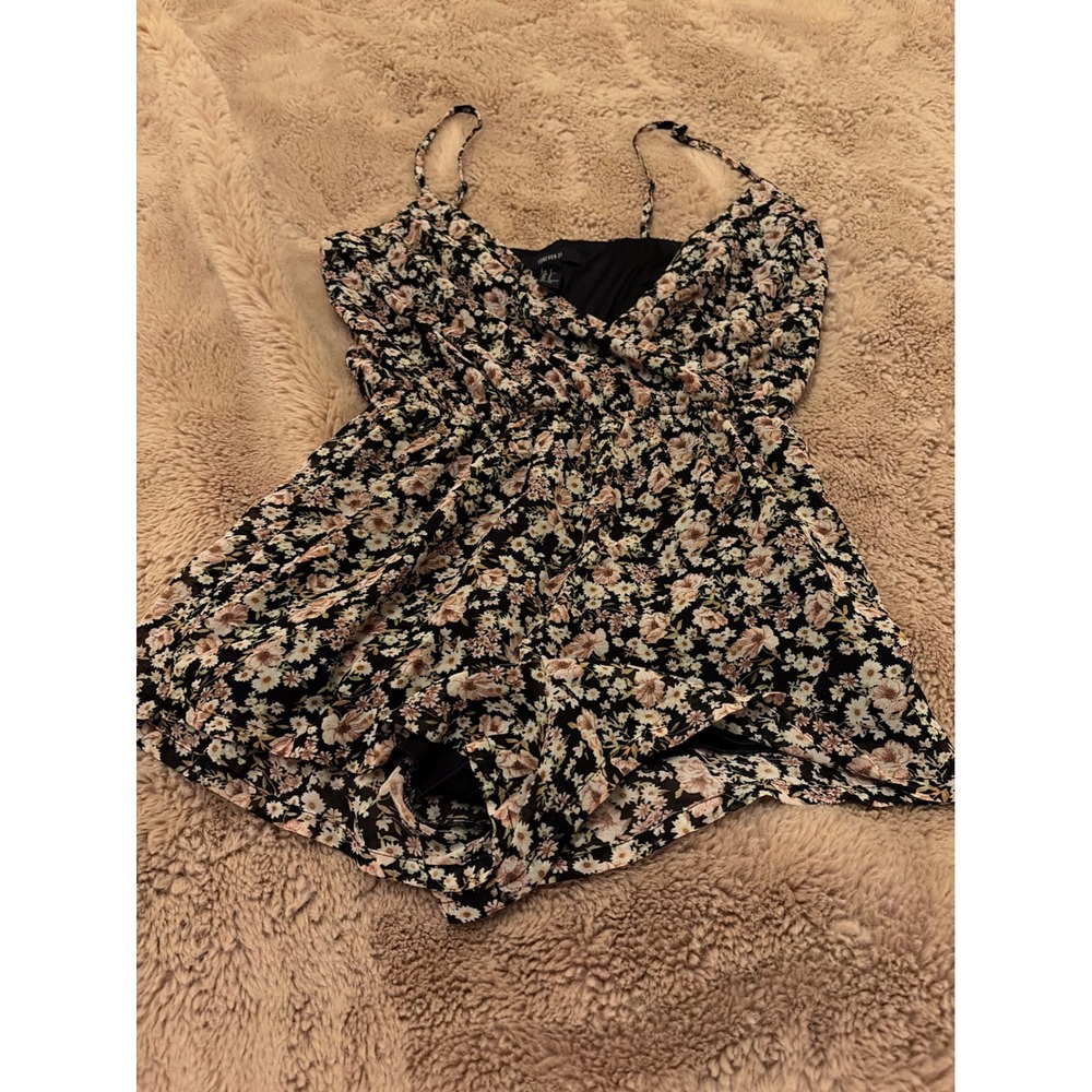 Forever 21 Womens Floral Romper Black Pink White V-Neck Sleeveless Small